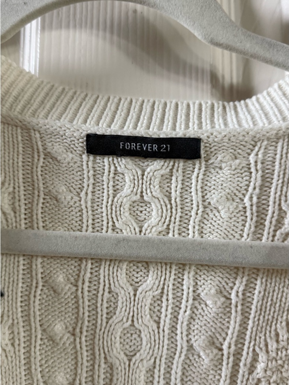 Forever 21 Creamy White Cable-Knit Embroidered Cardigan with Red Patch Accents - Picture 6 of 7